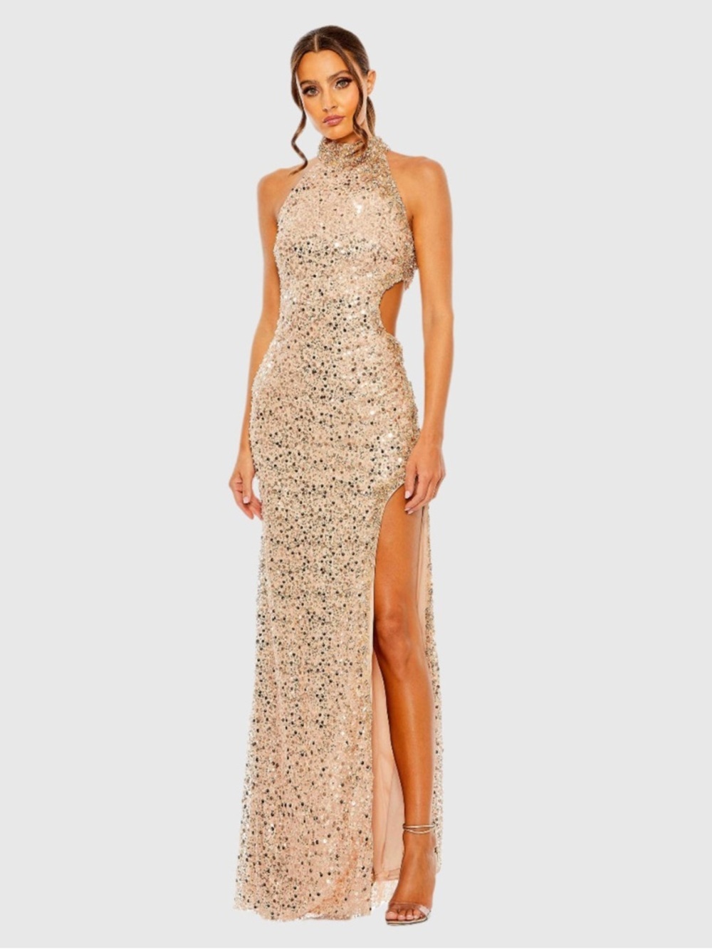 Mac Duggal 49679 Gold Side Cut Out High Neck Sequin Gown Size 4 NWT